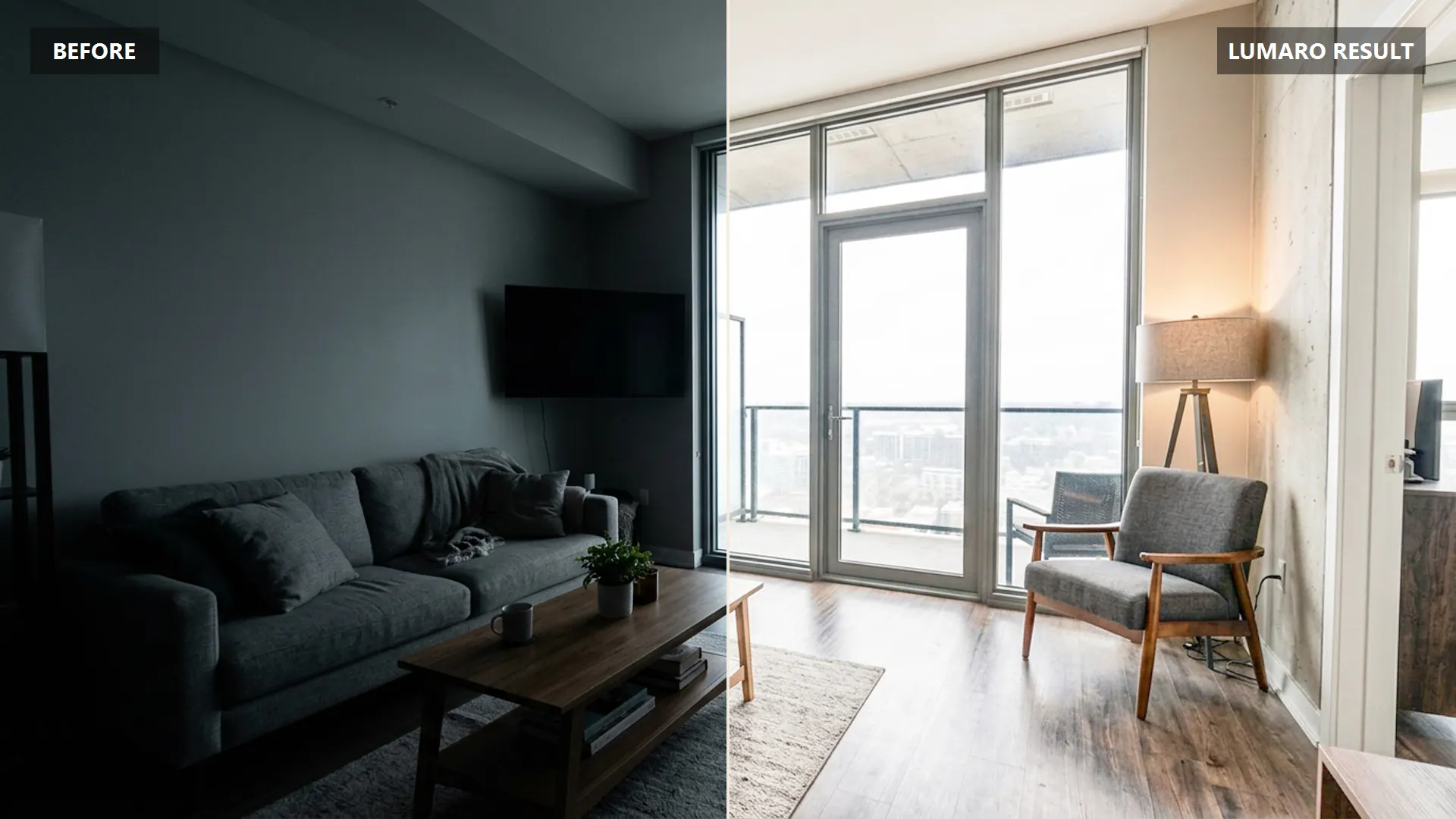 Lumaro before and after real-estate image comparison